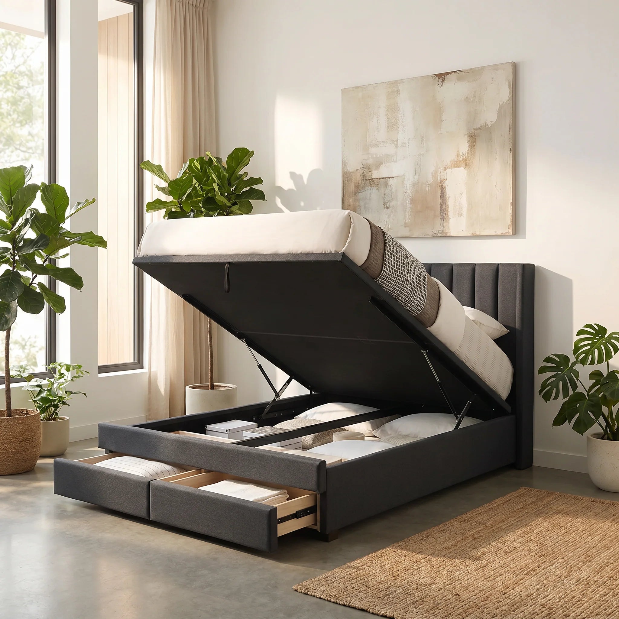 Egon Fabric Storage Lift Bed with 2 Drawers
