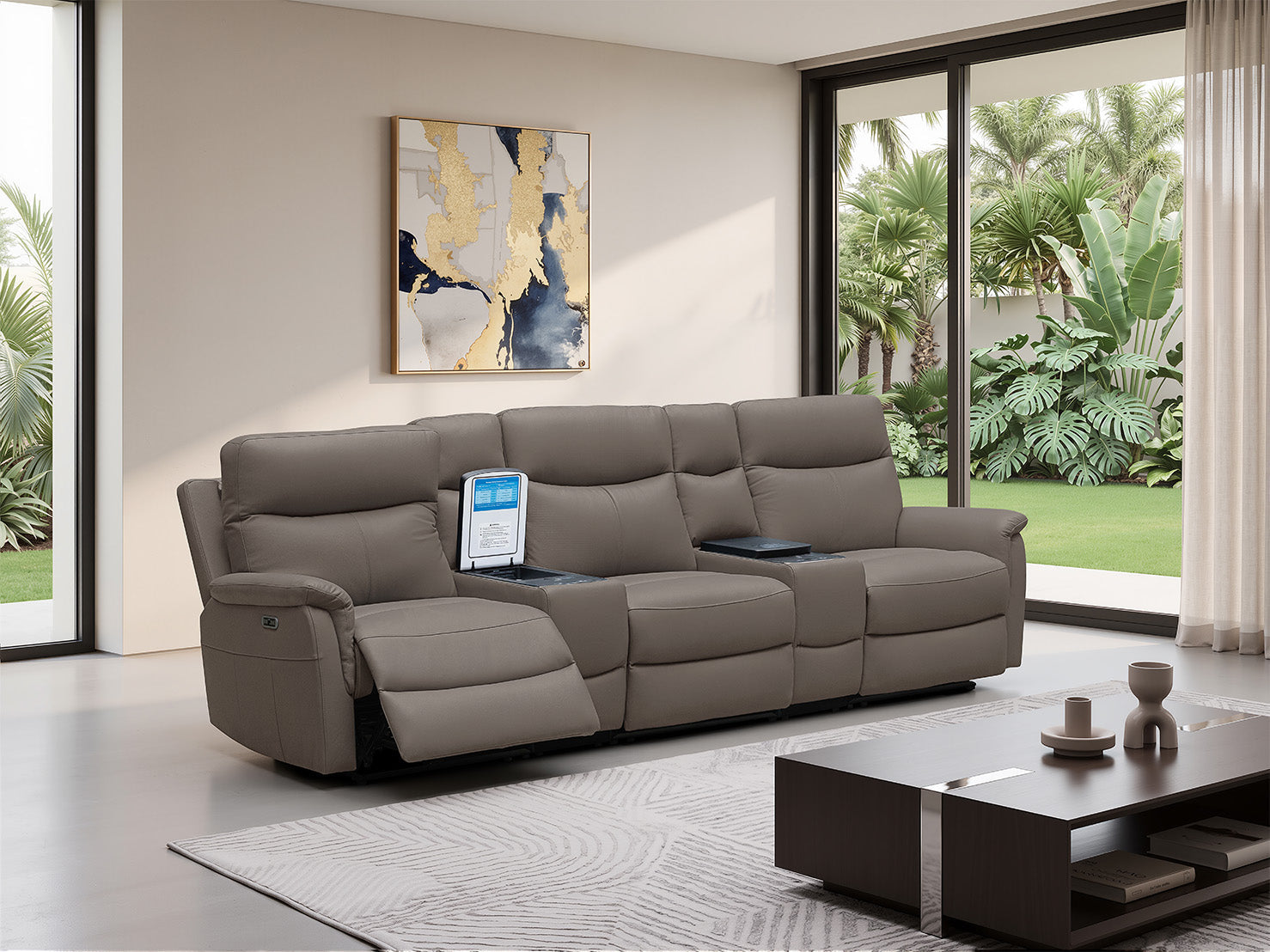 Rodeo Leather Home Theatre Recliner Lounge with Built-In Fridge