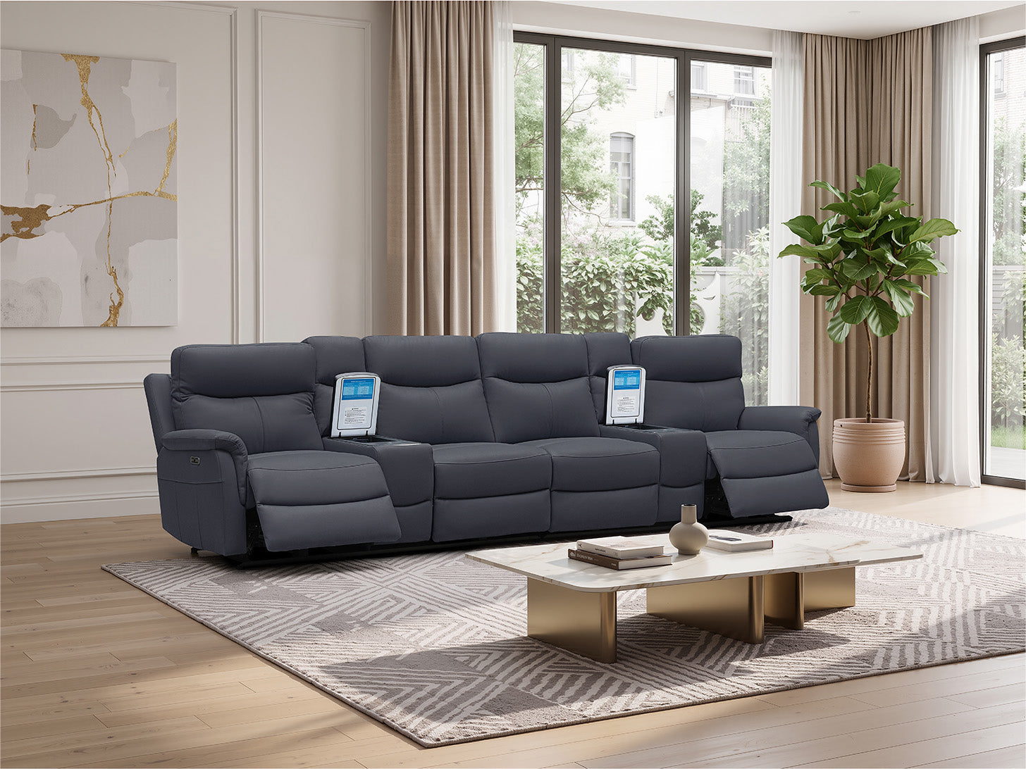 Rodeo Leather Home Theatre Recliner Lounge with Built-In Fridge