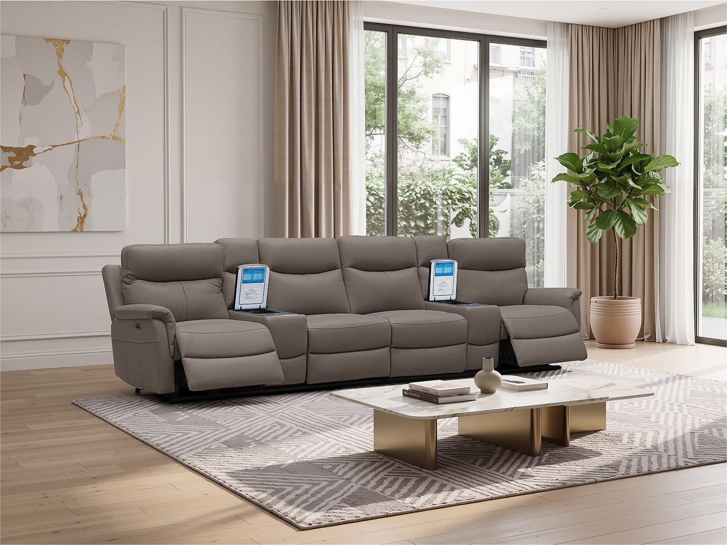 Rodeo Leather Home Theatre Recliner Lounge with Built-In Fridge